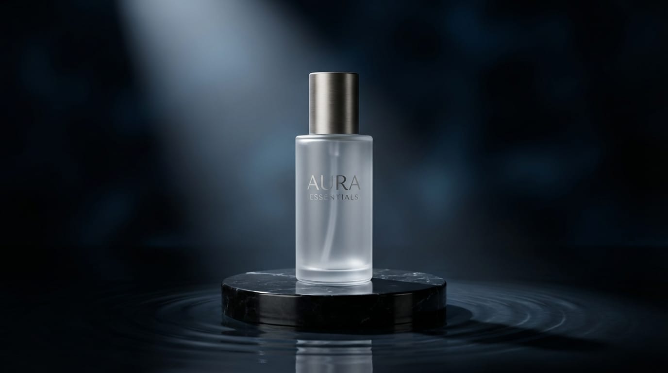 A premium cosmetic glass bottle resting on a sleek black marble podium, surrounded by subtle water ripples. Dramatic studio spotlighting, dark background, sharp focus on the bottle, luxurious and minimalist commercial product photography, 4K resolution.