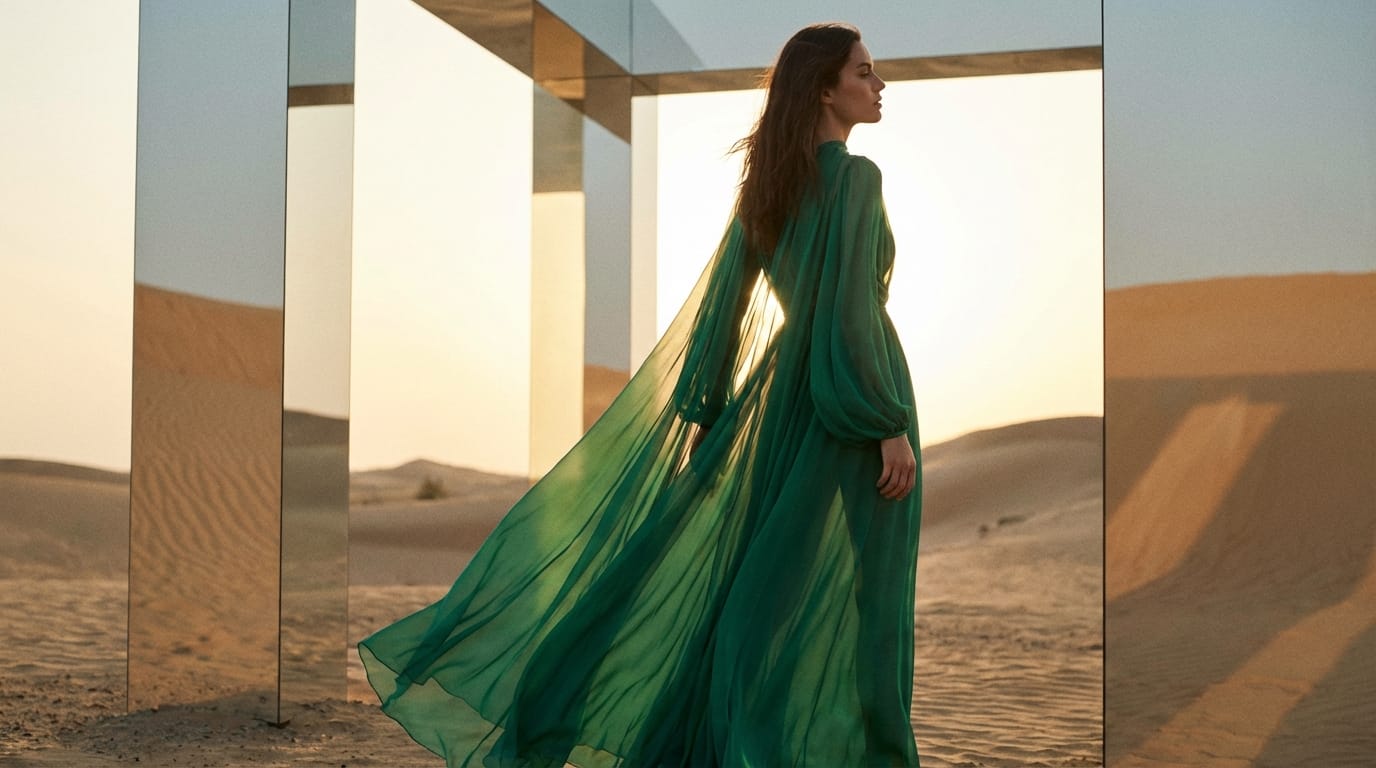 A high-end commercial fashion editorial photograph, featuring an elegant female model wearing a flowing translucent emerald gown, standing in a futuristic minimalist desert landscape at golden hour. Soft cinematic lighting, highly detailed textures, 8k resolution, shot on 35mm lens, photorealistic.