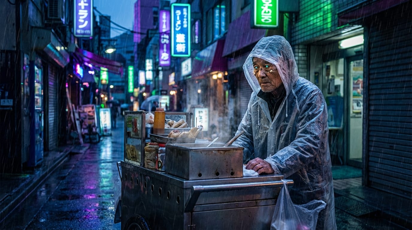 A hyper-realistic portrait of a cyberpunk street vendor in neo-Tokyo, neon lights reflecting on wet pavement, highly detailed facial features, cinematic lighting, 8k resolution.