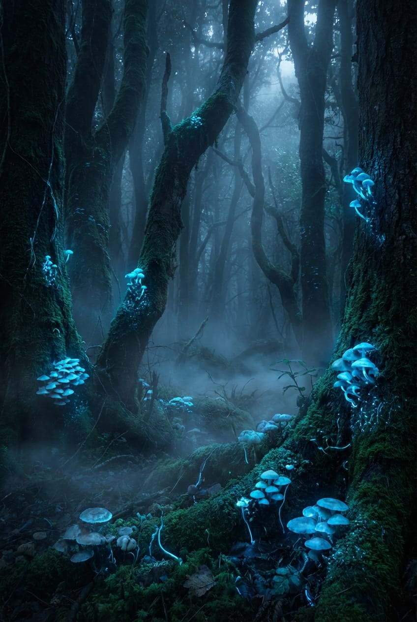 A cinematic vertical shot of a mysterious glowing forest at midnight, bioluminescent blue mushrooms, thick fog, highly detailed, 8k resolution, moody lighting, dark fantasy style.