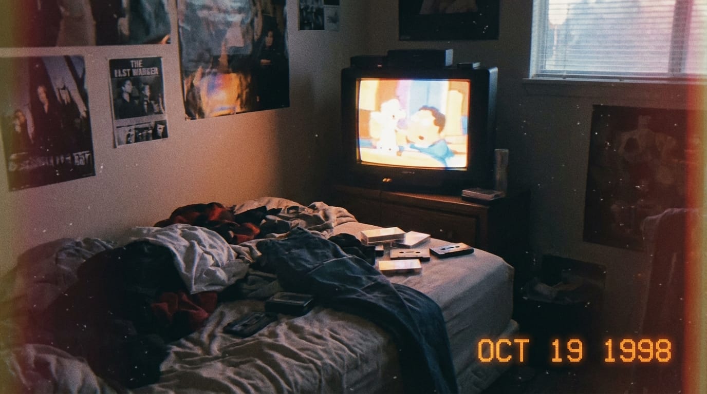 A candid 35mm photograph of a messy 1990s bedroom at dusk, illuminated by a glowing CRT television. Film grain, light leaks, faded colors, nostalgic atmosphere. A glowing digital date stamp 'OCT 1998' in the bottom right corner.