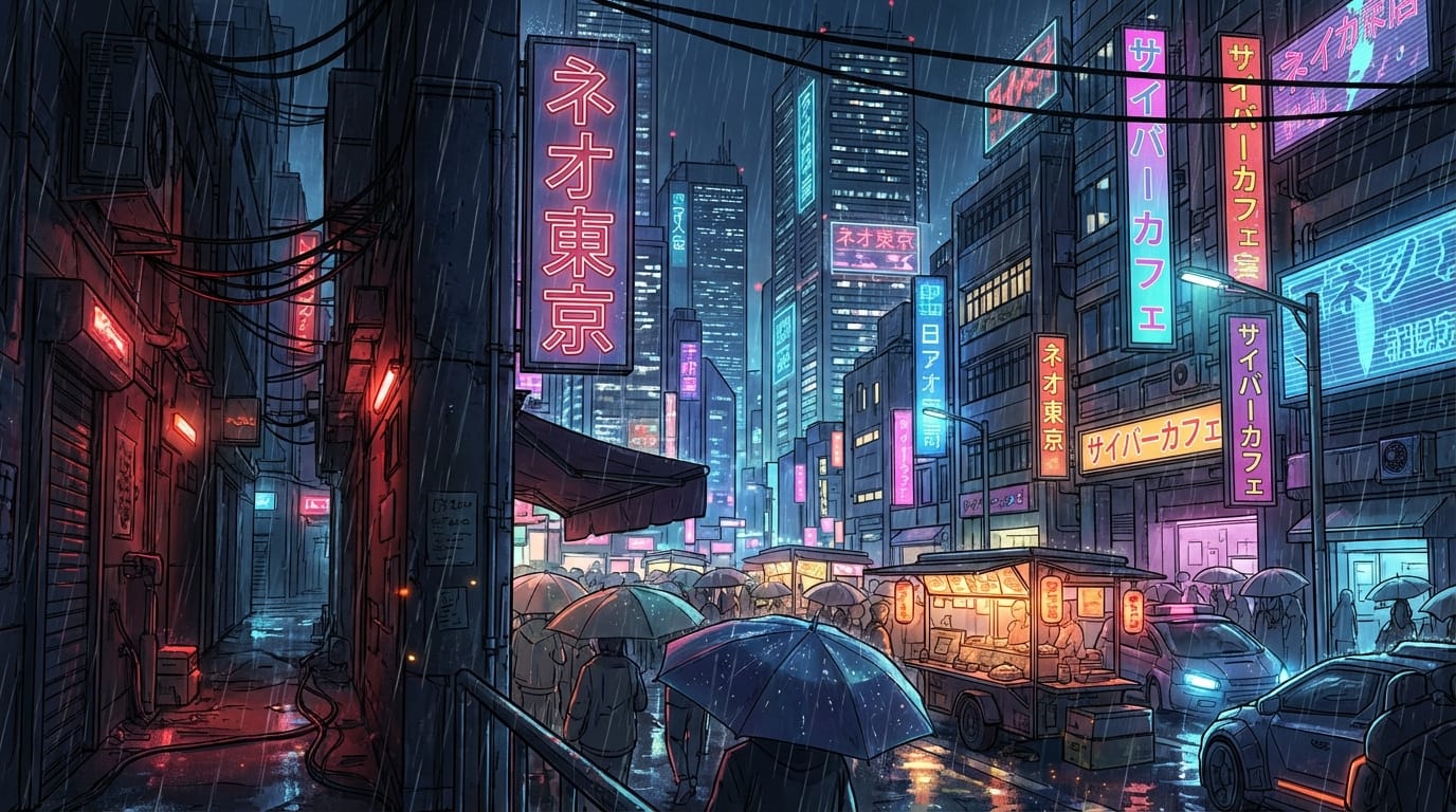 cyberpunk city street at night, neon lights, raining, glowing signs, dark alleyway, high contrast, anime style, highly detailed environment