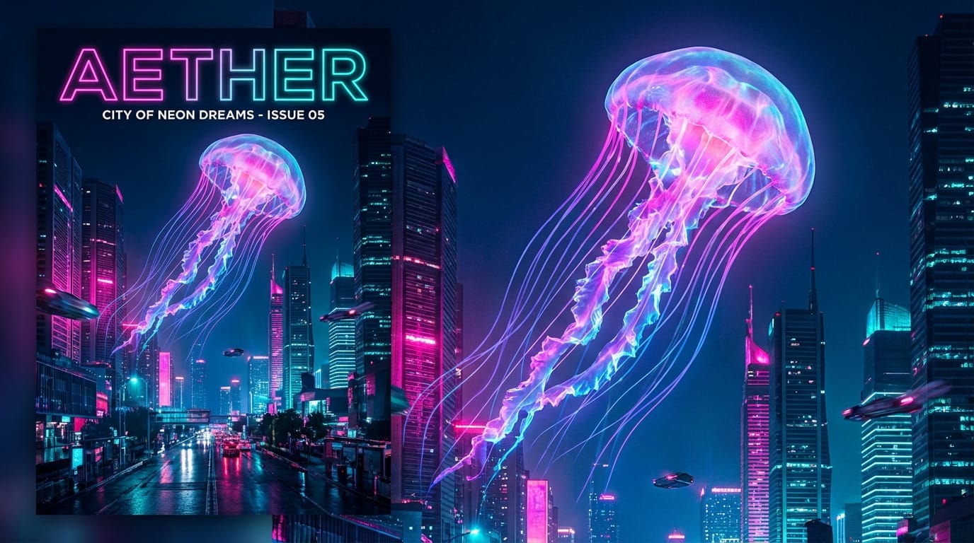 A surreal art magazine cover illustrating a giant glowing jellyfish floating above a modern city skyline at night, cyberpunk color grading, neon pink and teal, cinematic lighting, high visual impact, editorial style