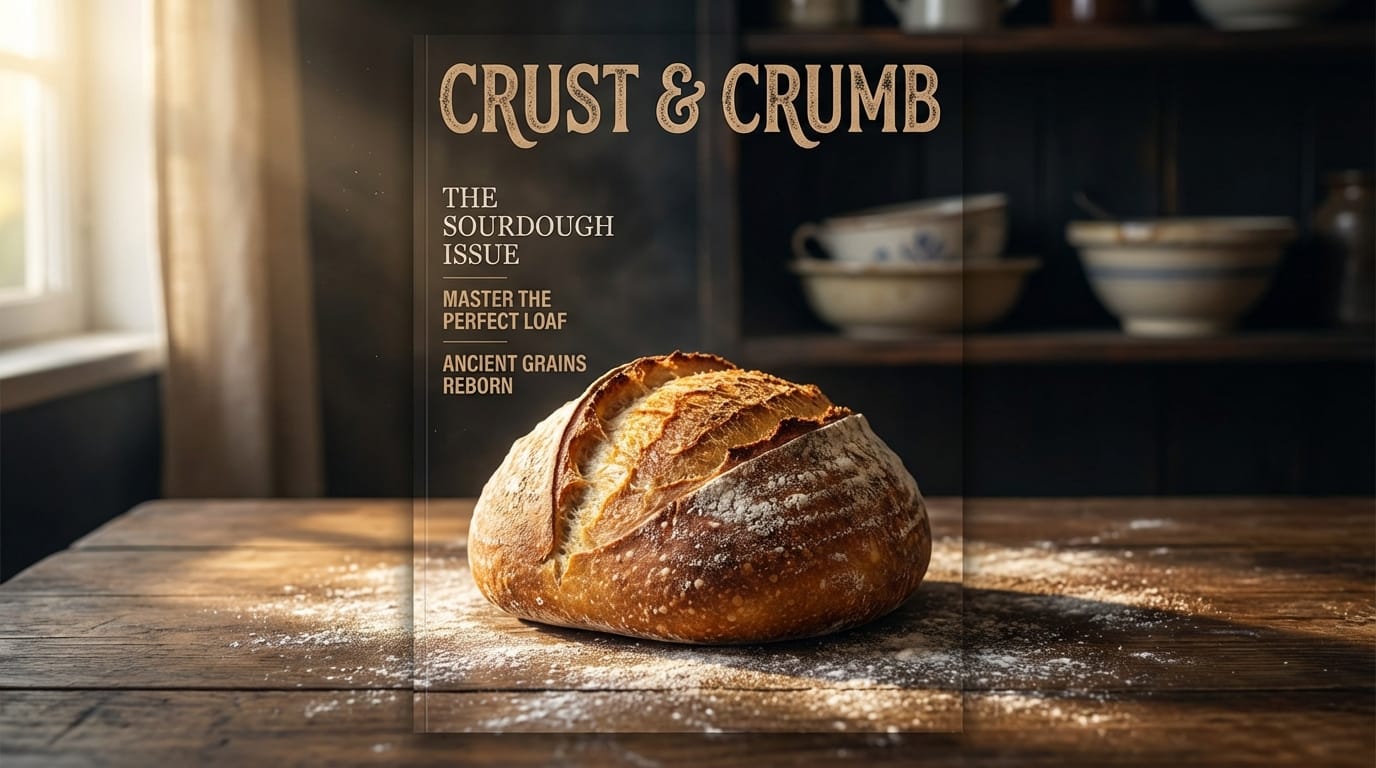 A gourmet food magazine cover featuring a rustic wooden table with a perfectly baked artisan sourdough bread, scattered flour, soft morning sunlight streaming from the left, dark moody background, macro food photography, sharp focus on the bread crust