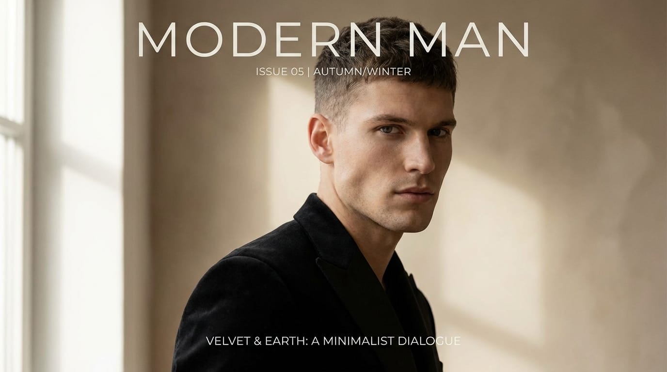 A minimalist fashion magazine cover featuring a close-up portrait of a male model with sharp jawline, wearing a tailored black velvet suit, soft natural window light, muted earth tones, soft shadows, clean background for typography, editorial photography