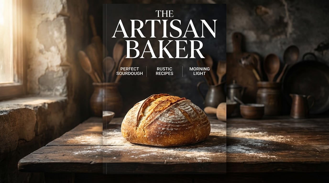 A gourmet food magazine cover featuring a rustic wooden table with a perfectly baked artisan sourdough bread, scattered flour, soft morning sunlight streaming from the left, dark moody background, macro food photography, sharp focus on the bread crust