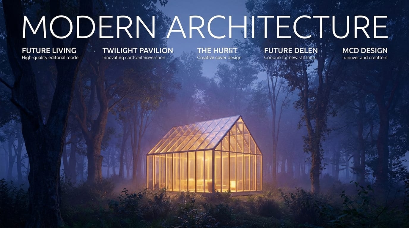 A modern architecture magazine cover showcasing a futuristic glass pavilion in a dense forest at twilight, warm interior lighting contrasting with cool blue evening ambient light, wide angle shot, clean composition, editorial photography style