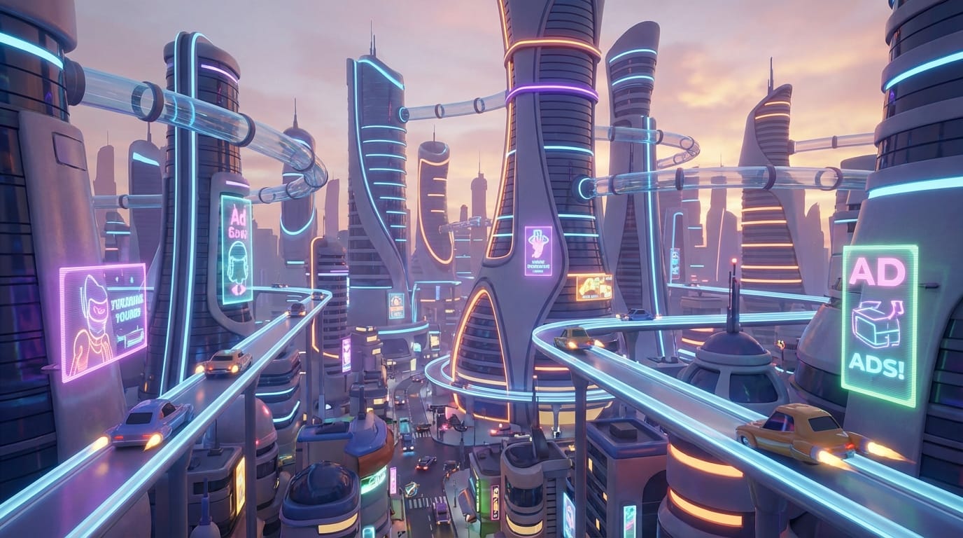 A 3D cartoon style wide shot of a futuristic city with flying cars, vibrant neon colors, stylized architecture, highly detailed, octane render, cinematic lighting.