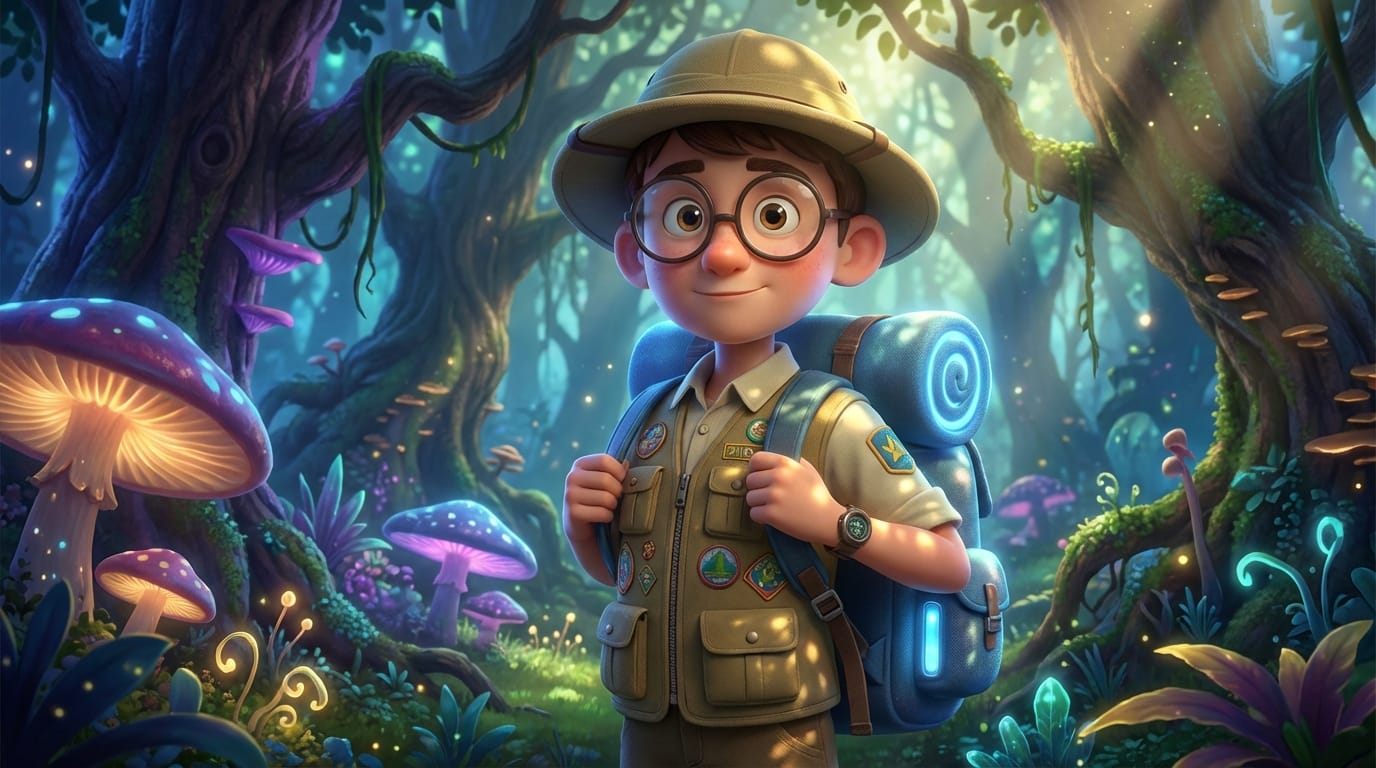 A 3D cartoon style character of a young explorer with a glowing backpack, standing in a lush, magical forest. Cinematic lighting, subsurface scattering, vibrant colors, highly detailed textures, octane render.
