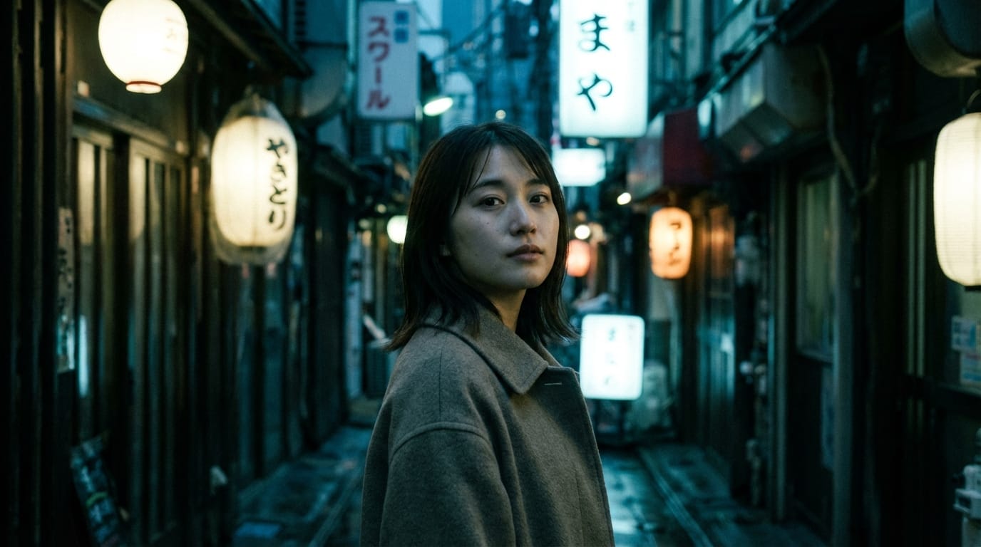 A cinematic portrait of a young Japanese woman with natural makeup, standing in a quiet Tokyo alley during blue hour. Soft diffused lighting, shot on 35mm lens, Fujifilm color grading, photorealistic, highly detailed face.