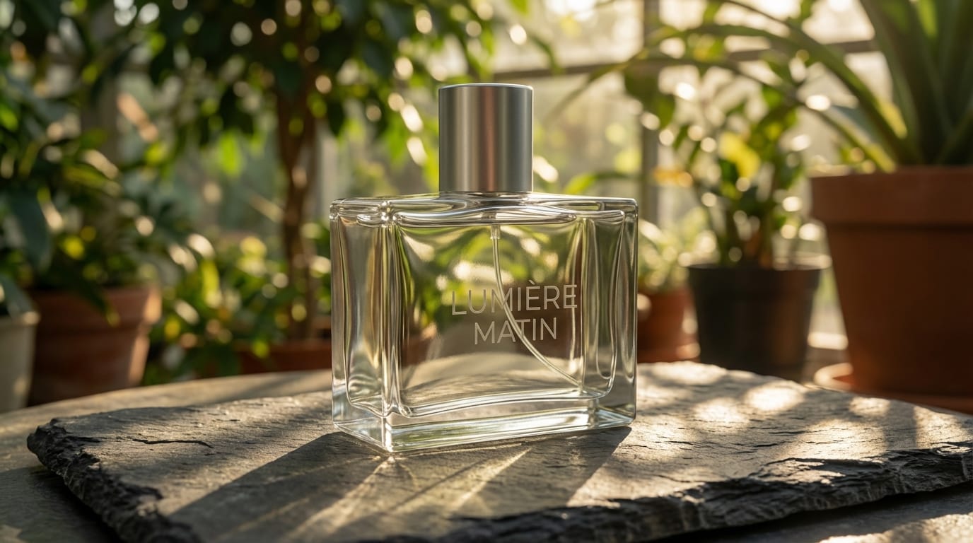 A photorealistic commercial render of a sleek, minimalist glass perfume bottle resting on a slab of dark slate. The background features a soft-focus indoor botanical garden with morning sunlight filtering through the leaves, creating dappled shadows on the bottle. 8k resolution, macro photography, highly detailed reflections, premium lighting.