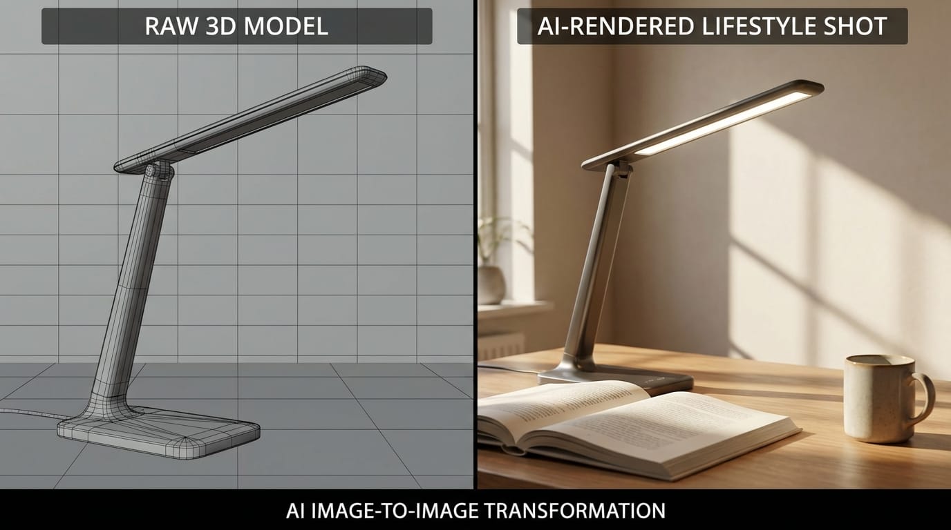 A side-by-side comparison showing a raw 3D product model on the left and a fully rendered, photorealistic lifestyle product shot on the right, demonstrating AI image-to-image capabilities.