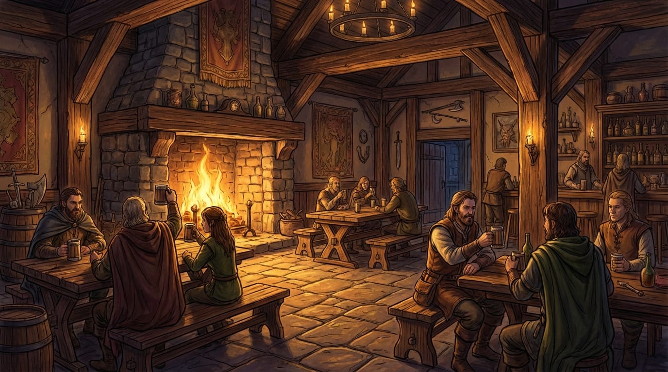 Transform this rough pencil outline into a vibrant digital illustration of a fantasy tavern interior, warm fireplace lighting, detailed wooden textures, cozy atmosphere.