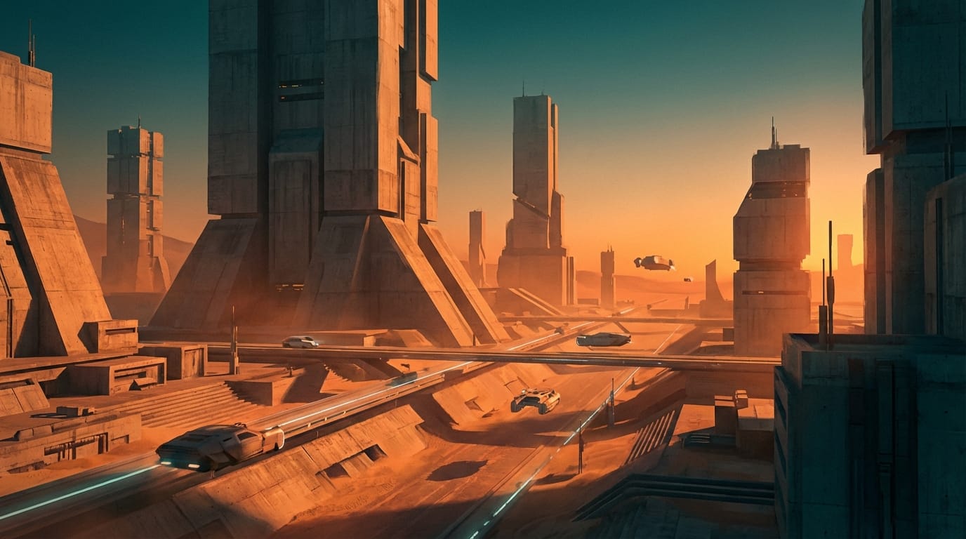 A cinematic wide shot of a futuristic desert city at sunset, brutalist architecture, warm orange and teal color palette, concept art style, clear atmosphere.