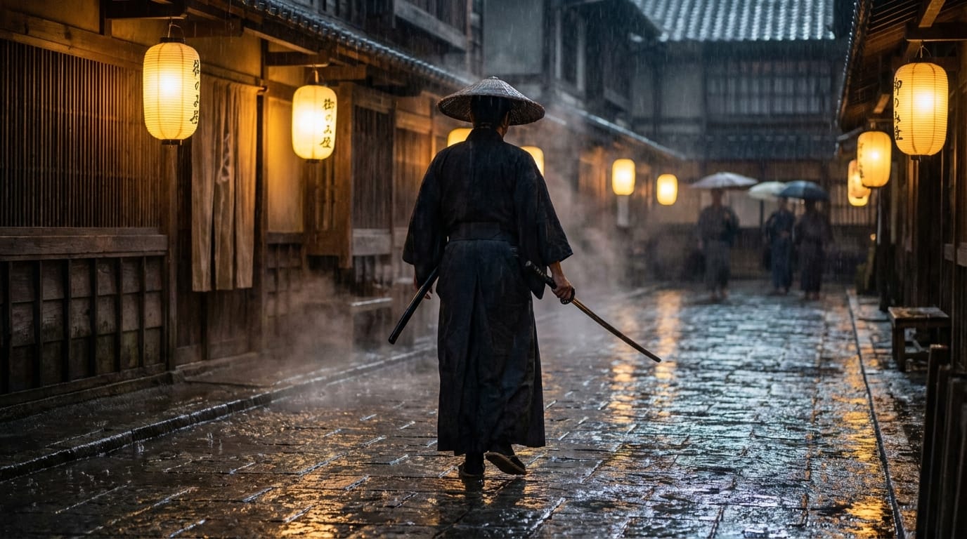 Cinematic medium shot, a samurai walking down a rainy Edo period street at night. Traditional wooden buildings, warm glow from paper lanterns reflecting on wet cobblestones. Wearing a dark hakama, hand resting on katana. Slow pan right, realistic texture, moody atmosphere, highly detailed