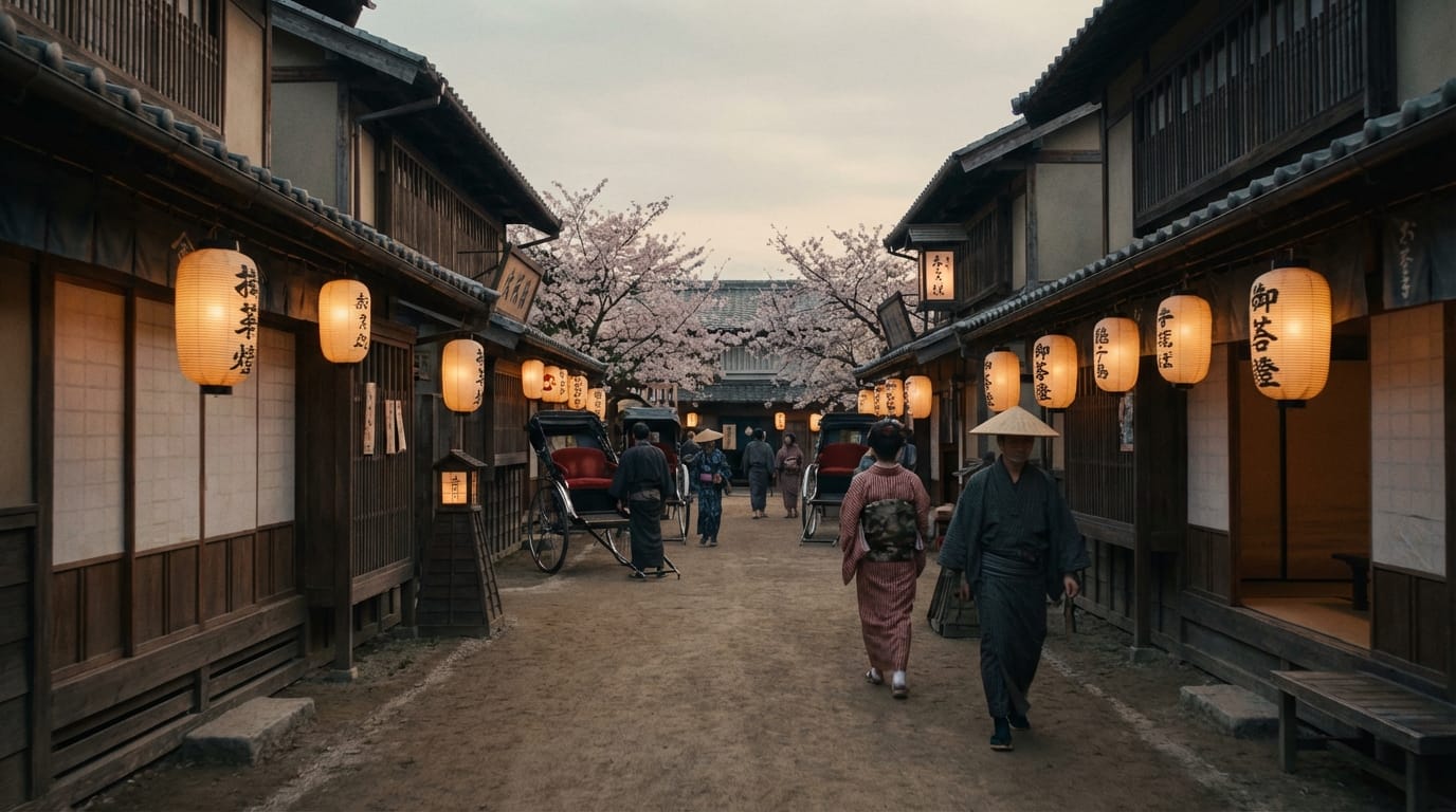 Cinematic tracking shot of a traditional Japanese street in the Edo period, wooden tea houses, paper lanterns glowing warmly at dusk, realistic lighting, historical atmosphere