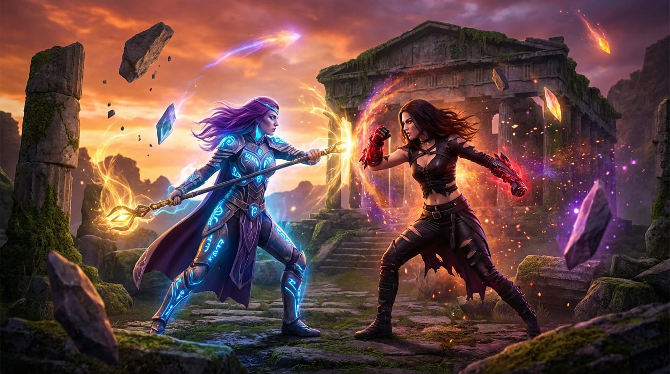 2girls, epic battle scene, magical glowing effects, floating debris, ruined temple background, extreme detail density, highly saturated colors, masterpiece, cinematic lighting