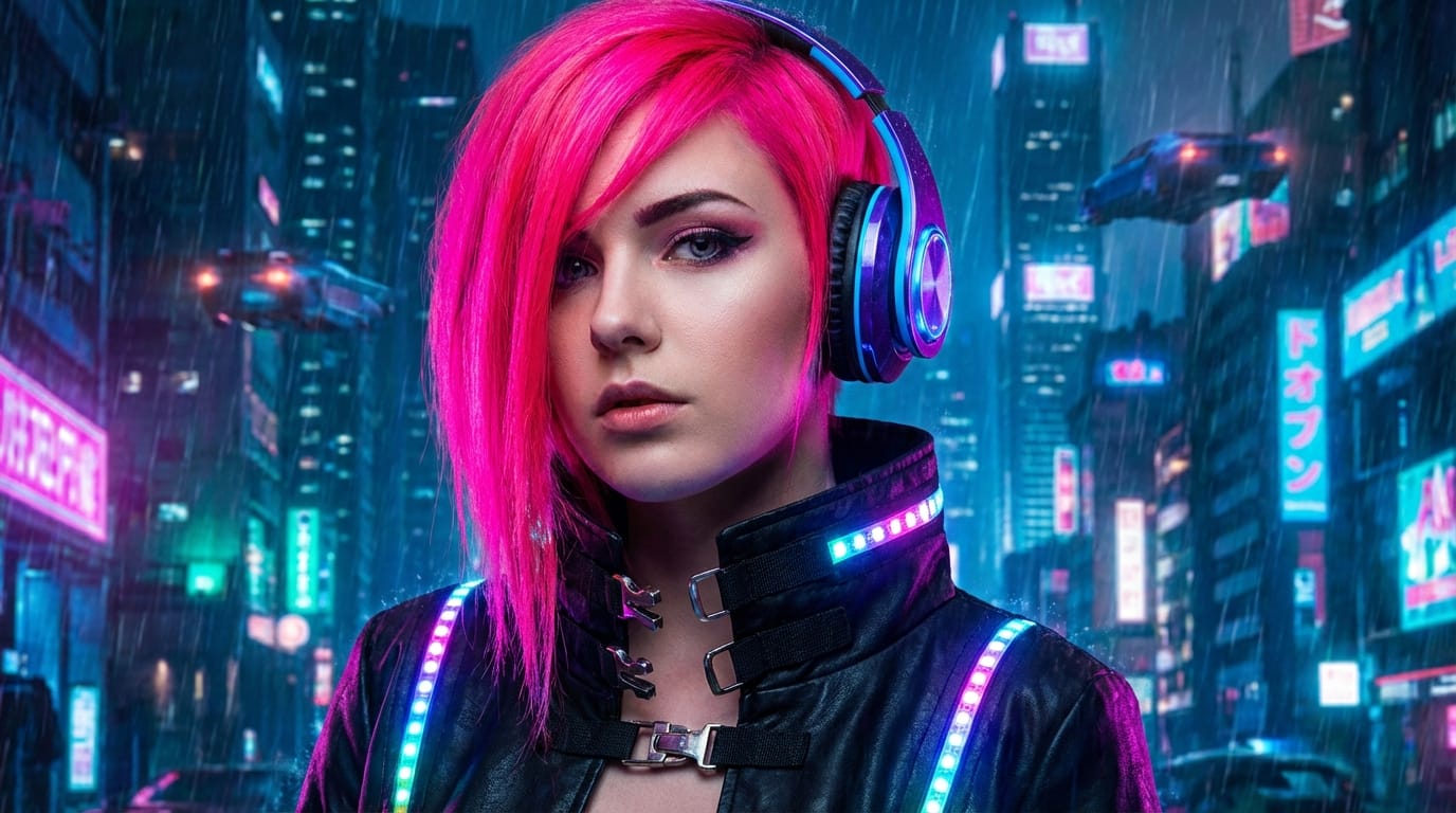 1girl, solo, close up portrait, wearing futuristic streetwear, glowing headphones, neon pink hair, cyberpunk city background, high saturation, masterpiece, ultra-detailed