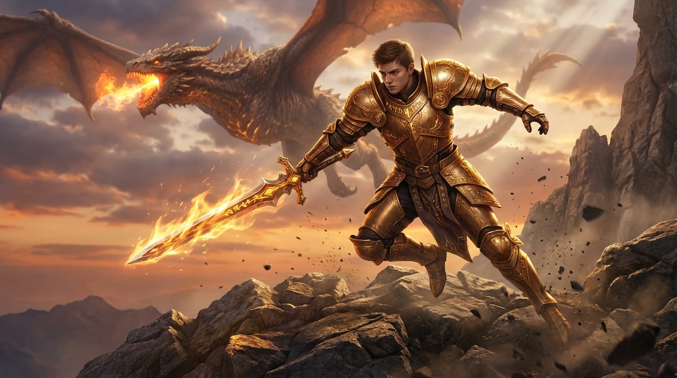 1boy, epic fantasy warrior, holding a glowing greatsword, intricate golden armor, dynamic action pose, dragon in the background, vibrant colors, epic lighting, highly detailed