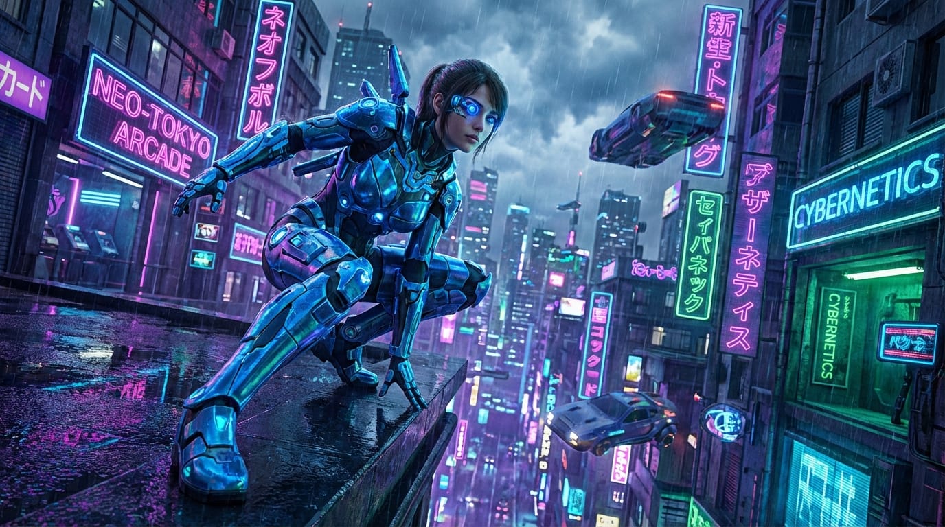 Masterpiece, high quality, 1girl, cyberpunk city background, neon lights, intricate mechanical armor, glowing blue eyes, dynamic angle, vibrant colors, extreme detail.