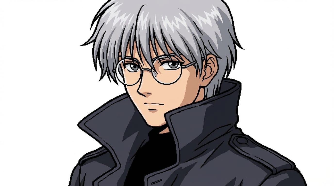 1990s anime style, close-up portrait of a mysterious young man with silver hair and round glasses, wearing a dark trench coat, retro visual novel character sprite, cel-shaded, thick linework, flat colors, white background.