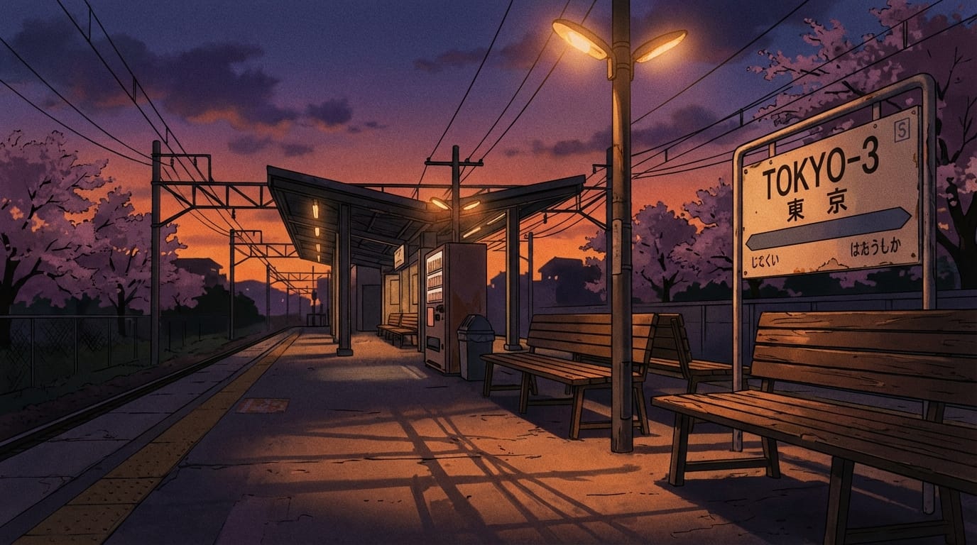 1990s retro anime, an empty Japanese train station at dusk, orange and purple sky, warm nostalgic lighting, limited color palette, early 2000s OVA background art, detailed shadows, film grain.