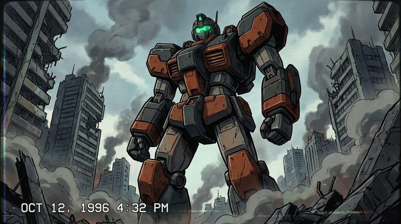 1990s mecha anime, an imposing giant robot with angular armor, standing in a ruined city, glowing green eyes, heavy shading, dramatic perspective, cel animation style, VHS aesthetic, scanlines.