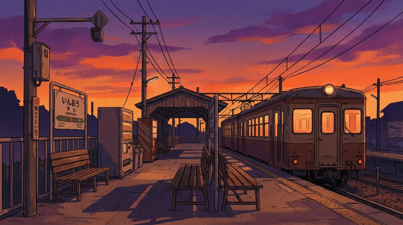 1990s retro anime, an empty Japanese train station at dusk, orange and purple sky, warm nostalgic lighting, limited color palette, early 2000s OVA background art, detailed shadows, film grain.