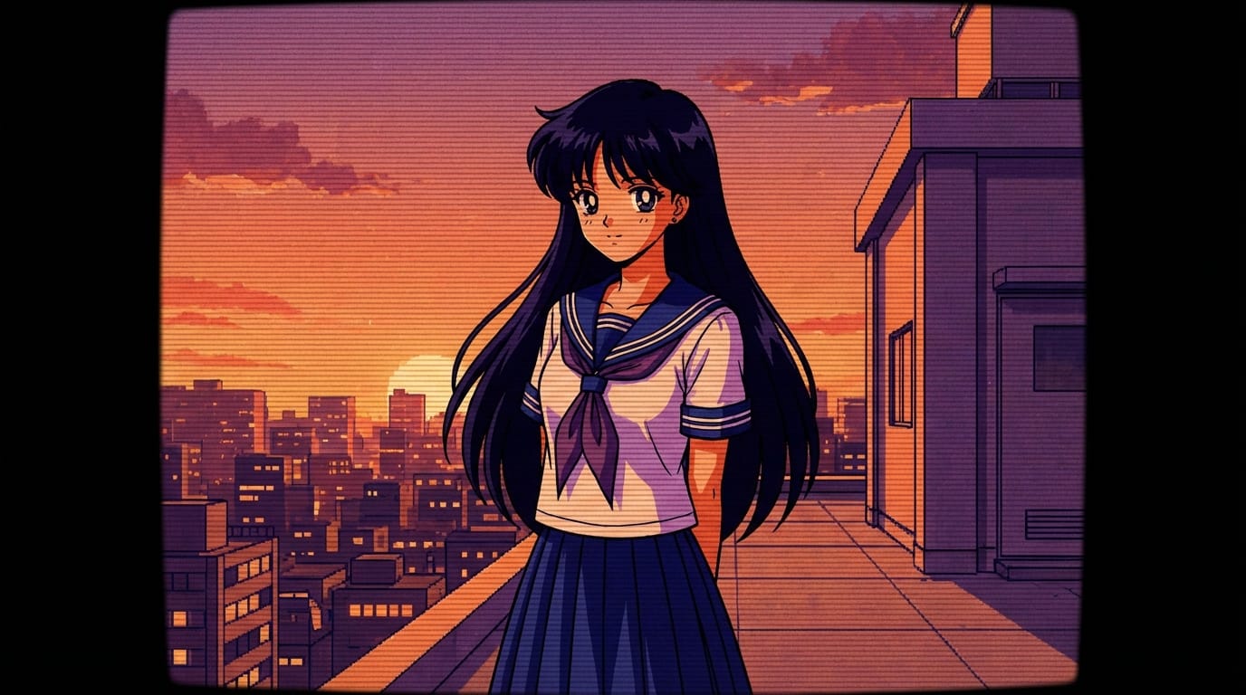 1990s anime style, retro anime, a high school girl with long dark hair, wearing a classic sailor uniform, standing on a rooftop at sunset, warm lighting, cel-shaded, limited color palette, 90s visual novel sprite, subtle film grain, scanlines.