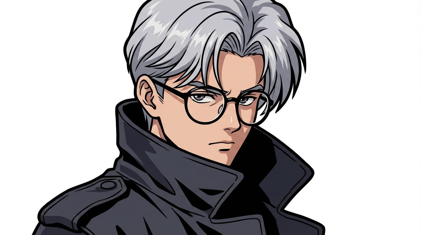 1990s anime style, close-up portrait of a mysterious young man with silver hair and round glasses, wearing a dark trench coat, retro visual novel character sprite, cel-shaded, thick linework, flat colors, white background.