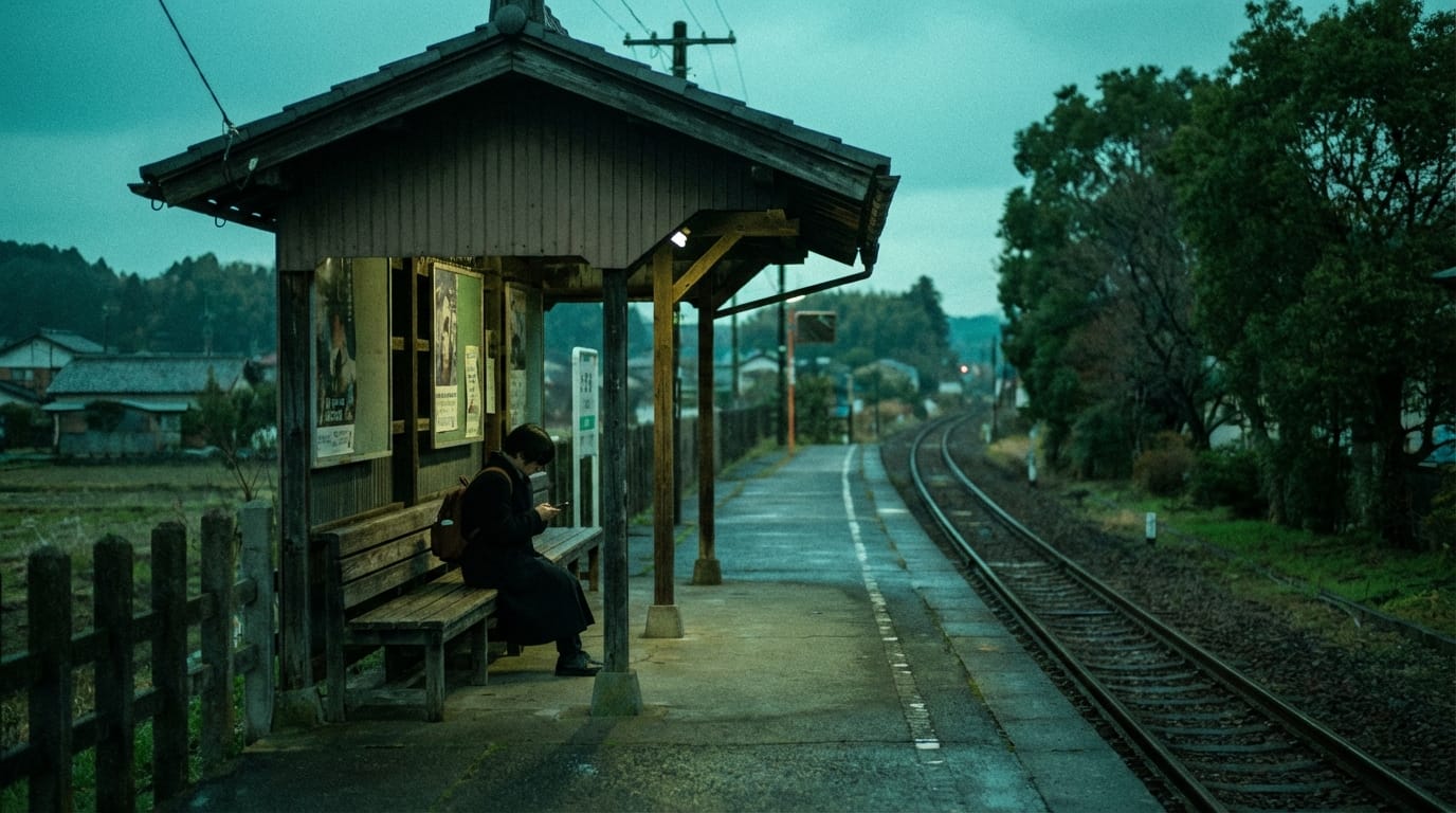 A static medium shot of a quiet Japanese train station at dusk, soft natural lighting, cool cyan and muted green color grading, 35mm film grain, a solitary figure waiting on the platform, melancholic cinematic atmosphere.