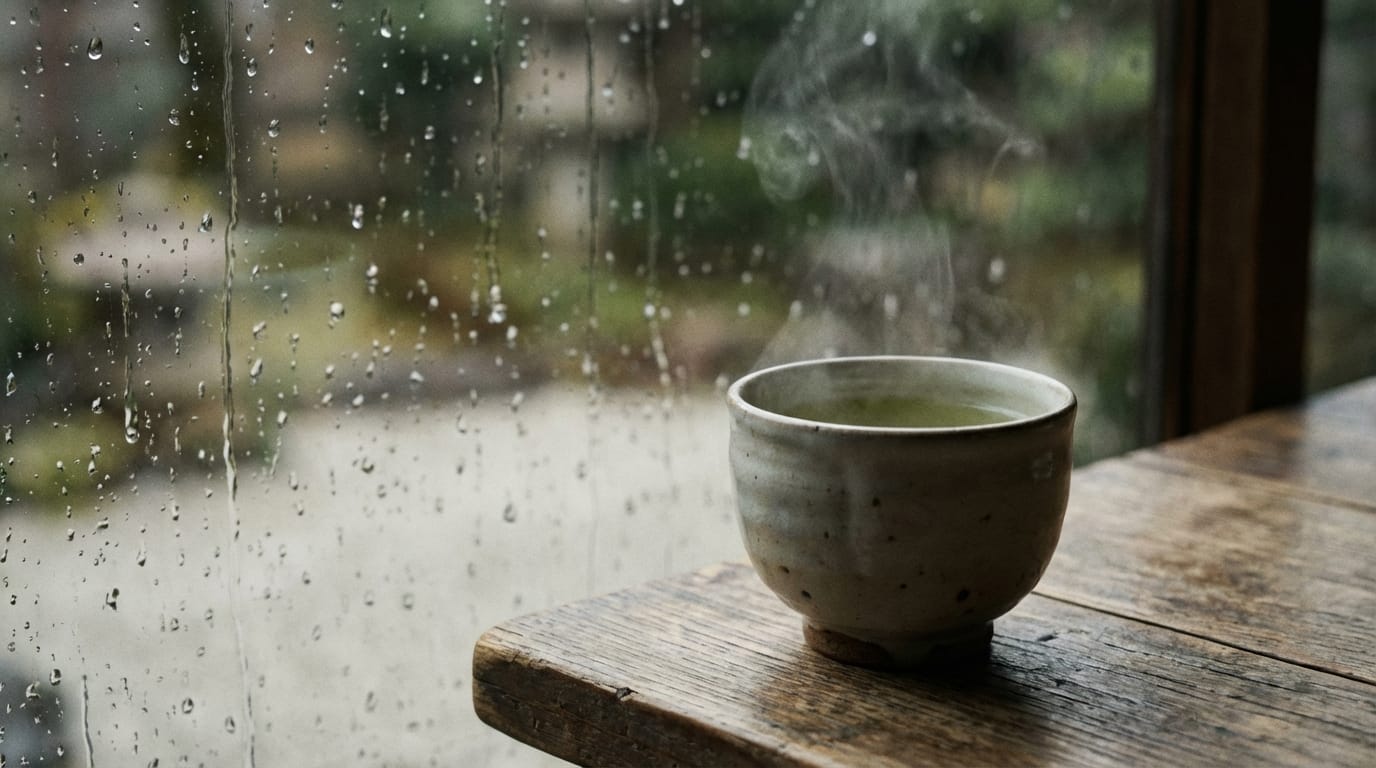 Close up of a steaming cup of green tea on a wooden table beside a window, raindrops hitting the glass, soft overcast daylight, low contrast, Japanese film aesthetic, subtle motion, cinematic.
