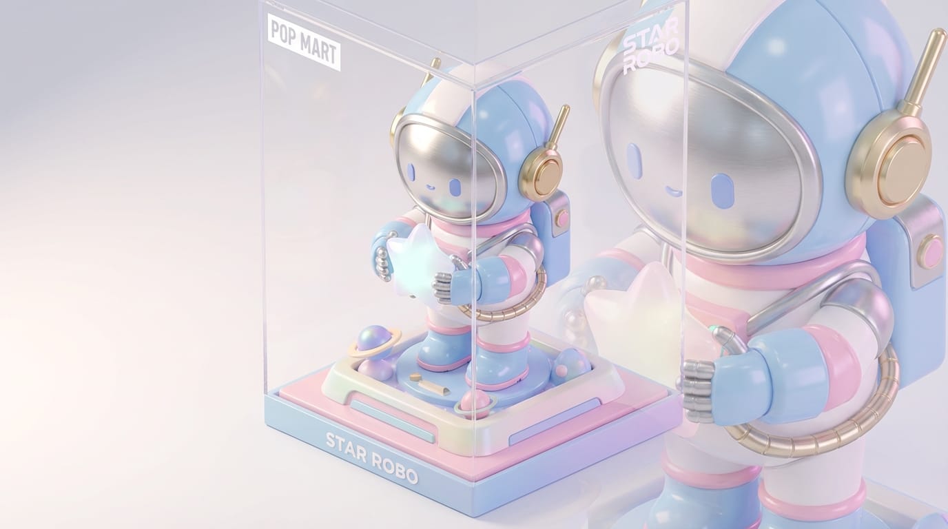 3D render of a cute robotic astronaut character holding a glowing star, isometric view, pop-mart blind box style, glossy plastic and brushed metal textures, soft studio lighting, pastel color palette, rendered in Cinema 4D, hyper-detailed, 8k resolution --v 7.0