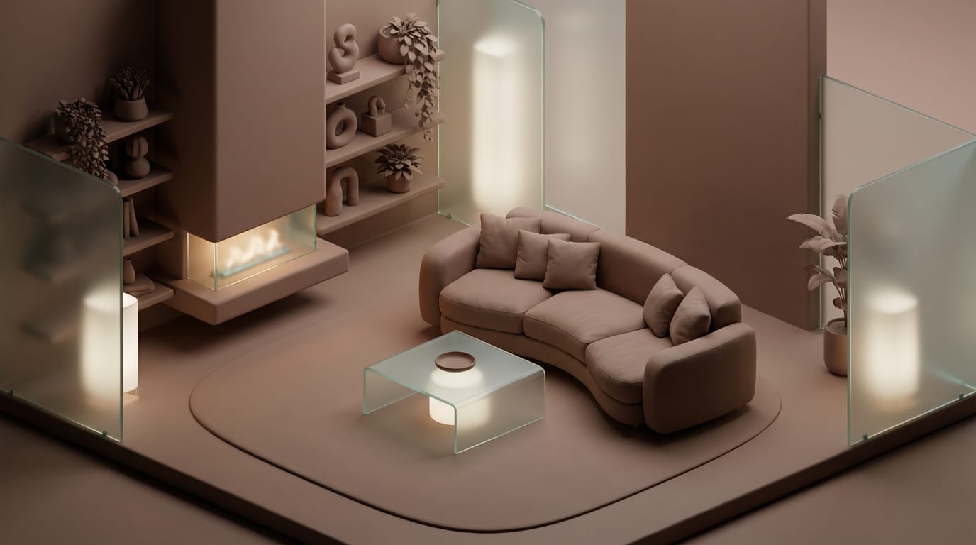 A 3D render of a futuristic isometric living room, octane render, soft volumetric lighting, clay and frosted glass materials, hyper-realistic, high detail --v 7.0