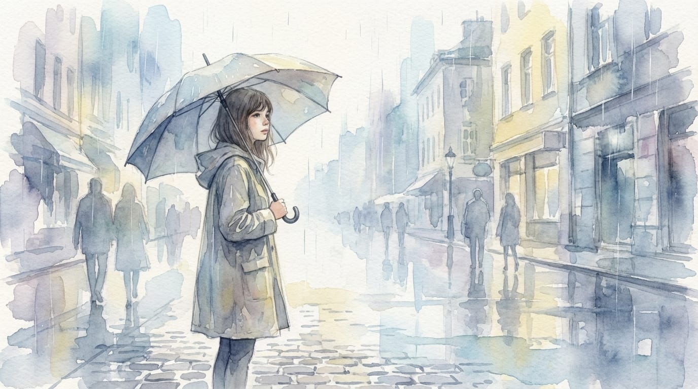 A young woman standing under an umbrella in a rainy city street, watercolor style illustration. Translucent color washes, wet-on-wet blending, soft pastel blues and greys, visible paper grain. Gentle rain falling, slow and subtle camera movement. Ethereal and nostalgic mood, 1080p.