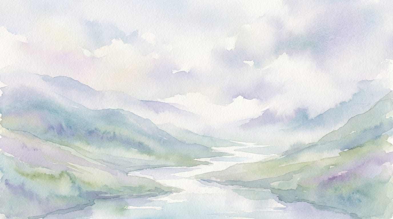 A serene landscape of a misty mountain valley, watercolor style, wet-on-wet technique, translucent pastel colors, visible paper texture, soft blending, ethereal atmosphere, slow pan, 1080p resolution