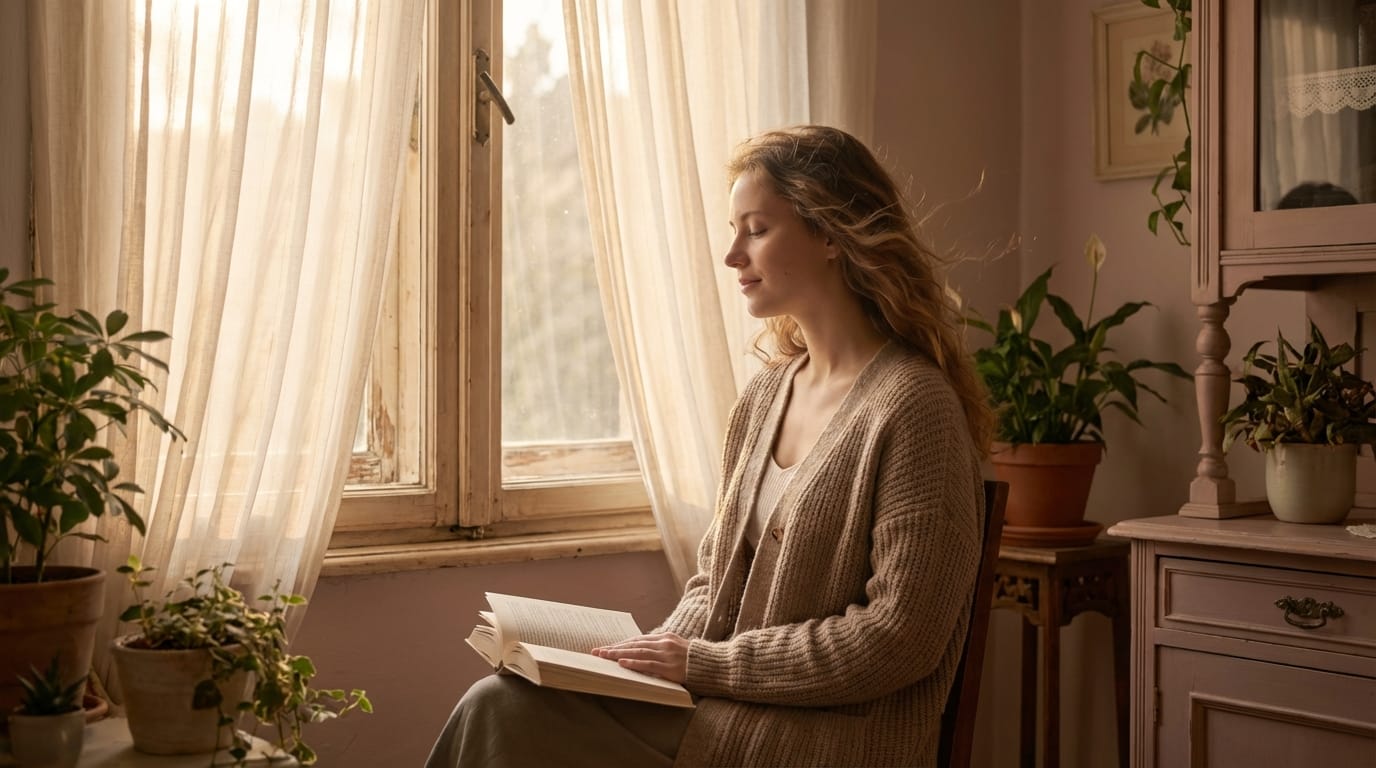 A cinematic, realistic Healing Style shot of a young woman sitting by a large window reading a book. Soft afternoon sunlight filters through sheer curtains. A gentle breeze slightly moves her hair. She blinks slowly with a peaceful expression. Slow camera pan, diffused lighting, warm pastel colors.