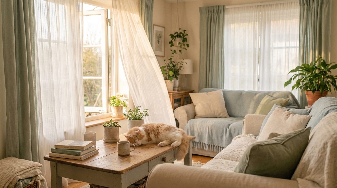 A cinematic shot of a cozy sunlit room, gentle breeze moving the white curtains, soft pastel colors, a cat sleeping on a wooden table, healing style, realistic ai generator, soft diffused lighting, slow camera pan