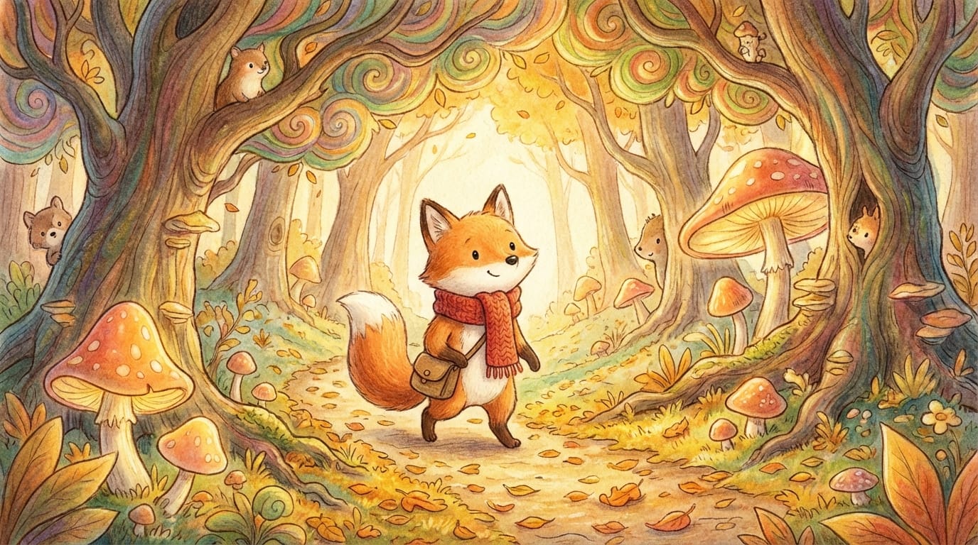 A whimsical picture book style illustration of a little fox wearing a red scarf, walking through a magical autumn forest, soft watercolor textures, visible paper grain, warm lighting, detailed foliage, narrative composition
