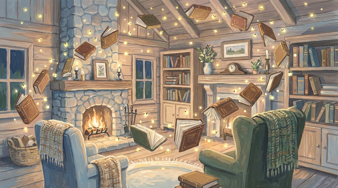 A cozy interior of a wooden cabin filled with glowing fireflies and floating books, picture book style, gouache painting, soft pastel colors, magical atmosphere, detailed textures