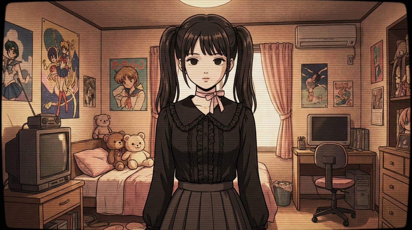 1girl, ryousangata fashion, black frilled blouse, pastel pink ribbon choker, twin tails hairstyle, doll-like expression, 90s anime style, cel-shaded, thick lineart, film grain, scanlines, retro TV anime aesthetic, warm lighting