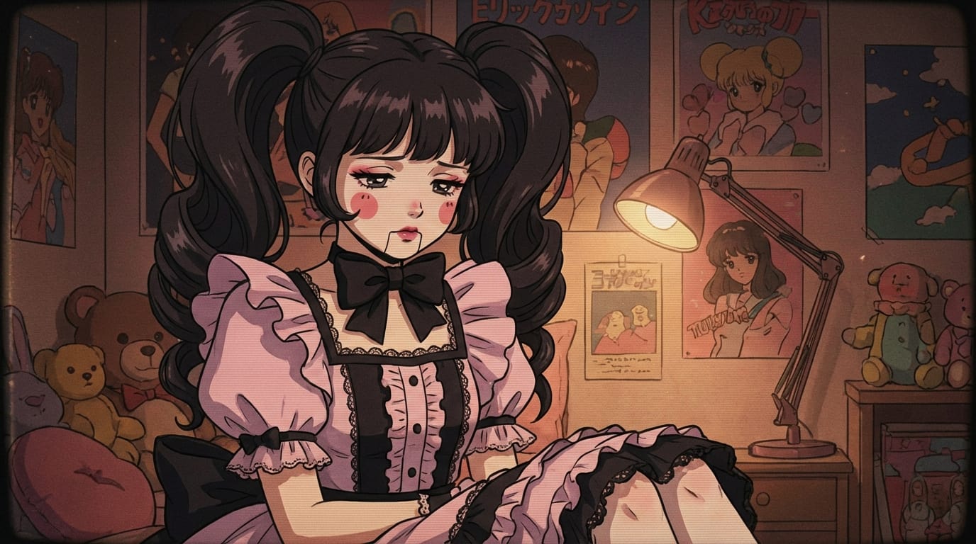 1girl, ryousangata fashion, pastel pink and black dress, oversized ribbon choker, twin tails, doll-like makeup, melancholic expression, 90s anime style, cel-shaded, retro anime, scanlines, warm lighting