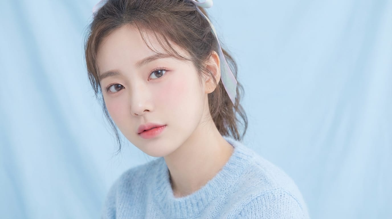 Close up portrait of a young woman, pastel aesthetic, soft baby blue background, pale pink makeup, soft studio lighting, low contrast, photorealistic, highly detailed