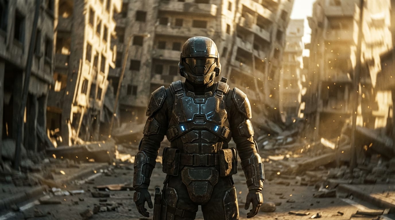 A dolly zoom effect focusing on the provided futuristic soldier avatar standing in a ruined cityscape. The background compresses while the avatar remains perfectly in focus and geographically stable. Dust particles float in the air, illuminated by harsh cinematic backlighting. High tension atmosphere with consistent armor details.