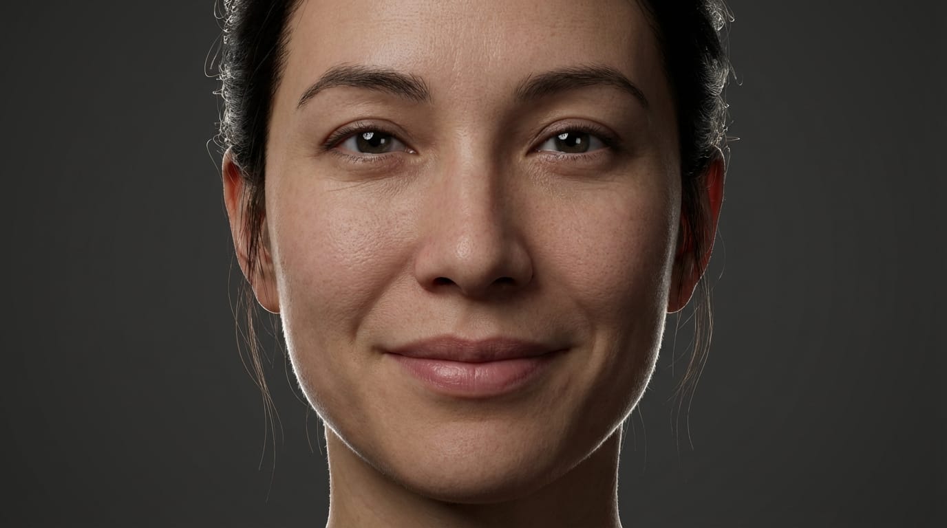An extreme close-up of a digital human avatar's face against a solid dark gray background. The avatar slowly transitions from a neutral expression to a subtle, genuine smile. Studio rim lighting accentuates the jawline and hair strands. Ultra-detailed skin pores, realistic eye reflections, and smooth muscle transitions.