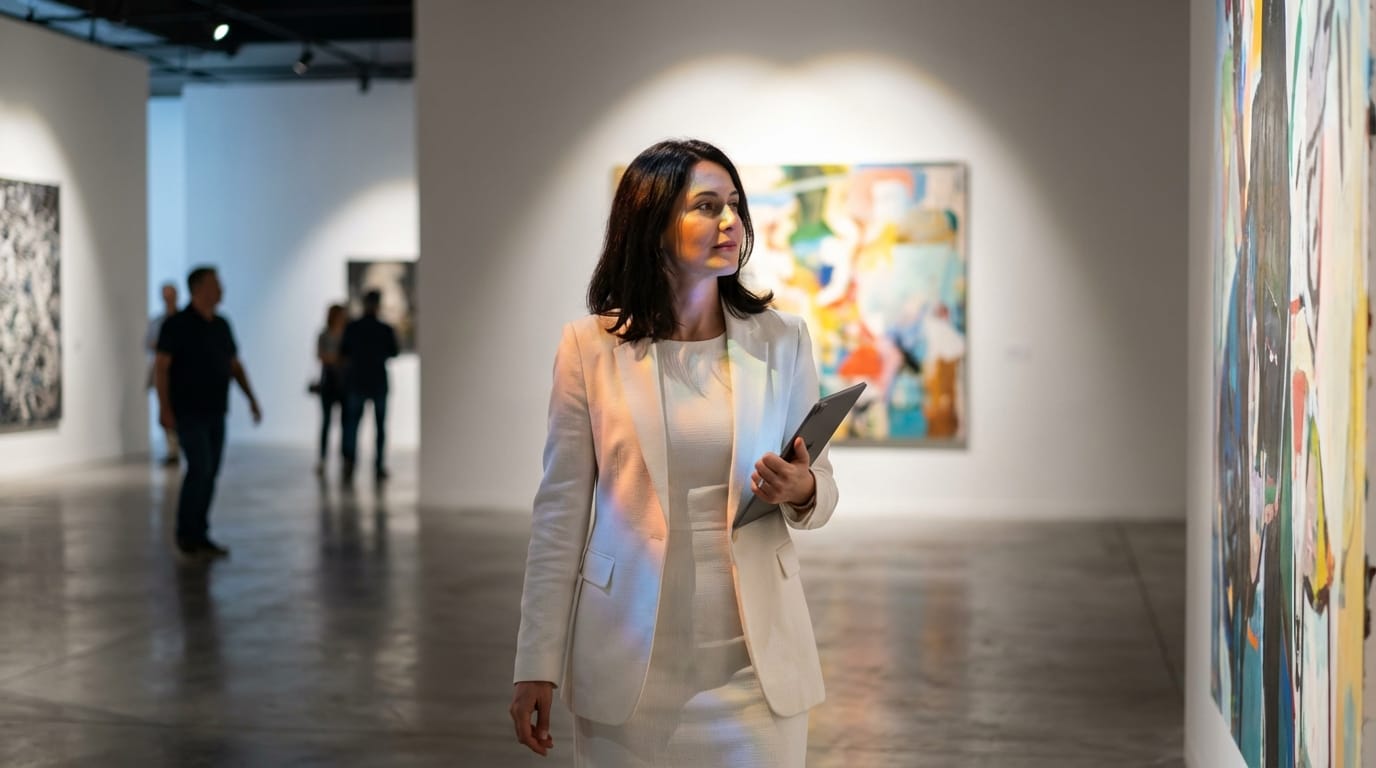 A continuous tracking shot of the provided female corporate avatar walking through a modern art gallery. She maintains a steady walking pace, turning her head slightly to observe the paintings. The lighting shifts dynamically as she moves past different spotlights. Photorealistic textures, consistent facial features, and smooth fabric physics on her white dress.