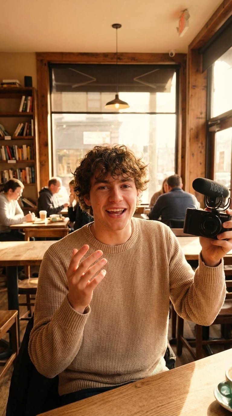 A vertical 9:16 shot of a young male lifestyle vlogger avatar standing in a cozy coffee shop. He has curly brown hair, wears a casual beige knit sweater, and smiles enthusiastically while talking to the lens. Soft morning sunlight filters through the window, creating a warm cinematic glow. Natural lip-sync and subtle hand gestures.
