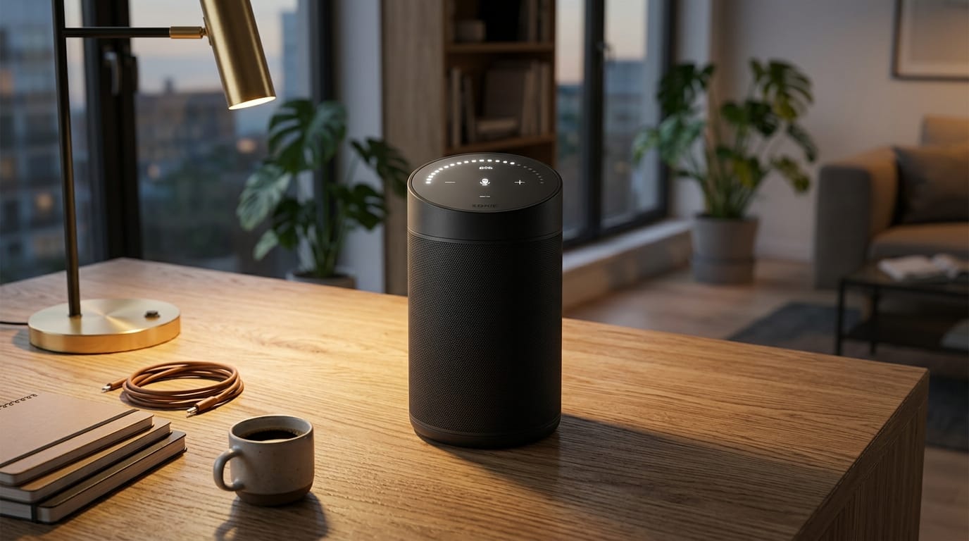 Transform this basic shape into a sleek, matte black smart speaker sitting on a modern oak desk. Add warm ambient lighting from a nearby desk lamp, soft shadows, and a blurred modern office background. High photorealism and commercial advertising style.