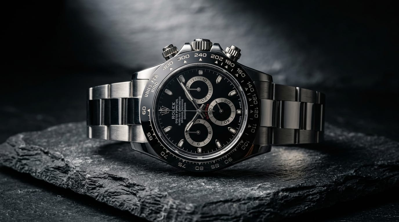 A macro shot of a luxury mechanical watch resting on dark textured slate. Dramatic spotlighting creates high contrast, emphasizing the polished silver metal and intricate dial details. Deep shadows and rich cinematic tones convey exclusivity and premium craftsmanship.