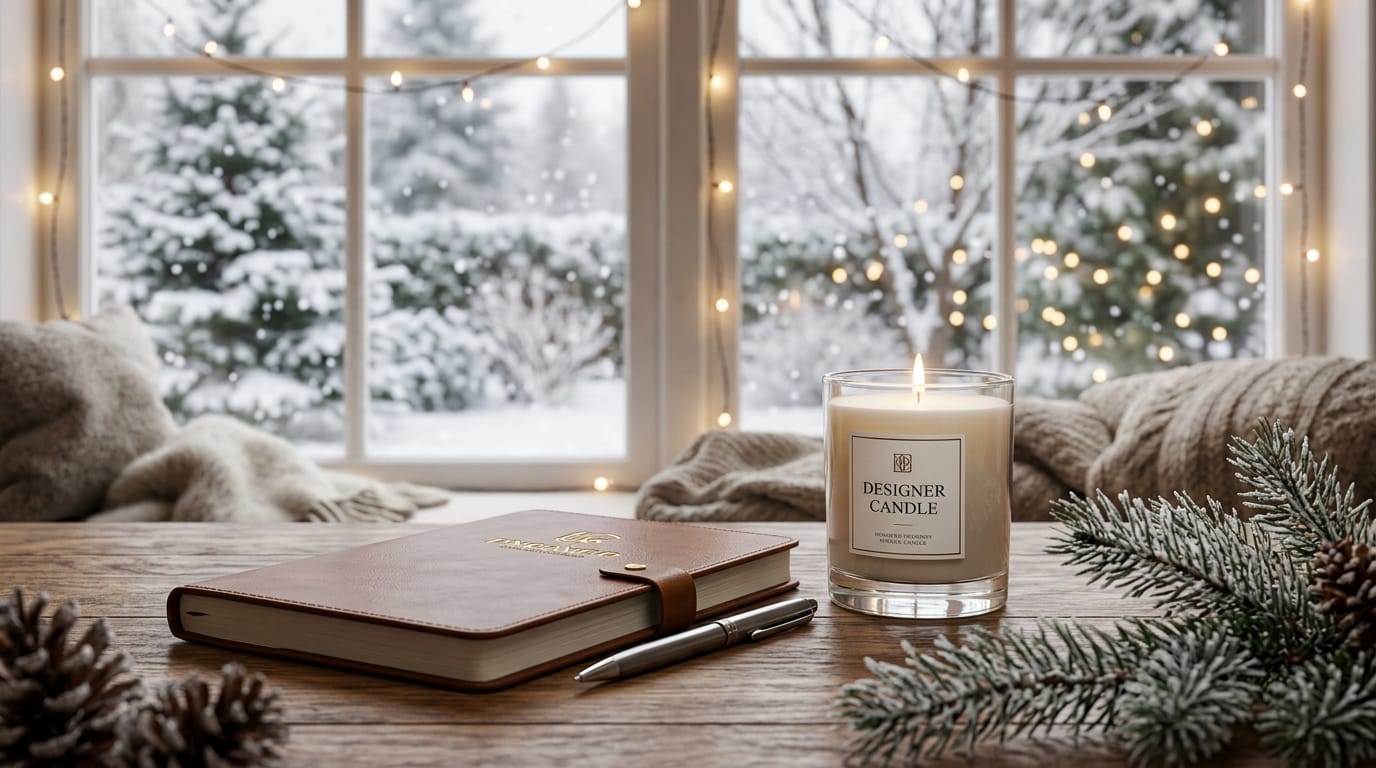 Adapt this product scene into a cozy winter holiday setting. Add soft falling snow outside the window, warm fairy lights in the blurred background, and a few subtle pine branches near the edge of the frame. Maintain the sharp focus on the central subject with high-end commercial lighting.